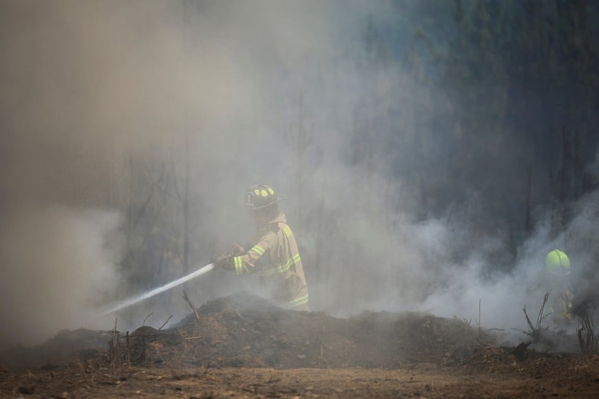 Firefighters work to extinguish a forest fire in the Biobio region, where multiple wildfires have prompted emergency evacuations, in Florida, Chile, January 21, 2026. REUTERS/Adriano Machado