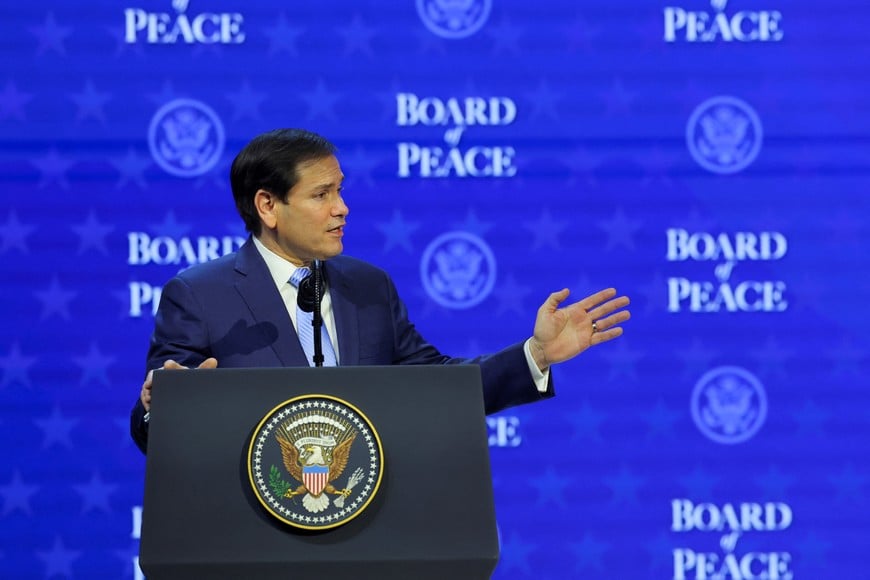 U.S. Secretary of State Marco Rubio takes part in a charter announcement for U.S. President Donald Trump's Board of Peace initiative aimed at resolving global conflicts, alongside the 56th annual World Economic Forum (WEF), in Davos, Switzerland, January 22, 2026. REUTERS/Denis Balibouse