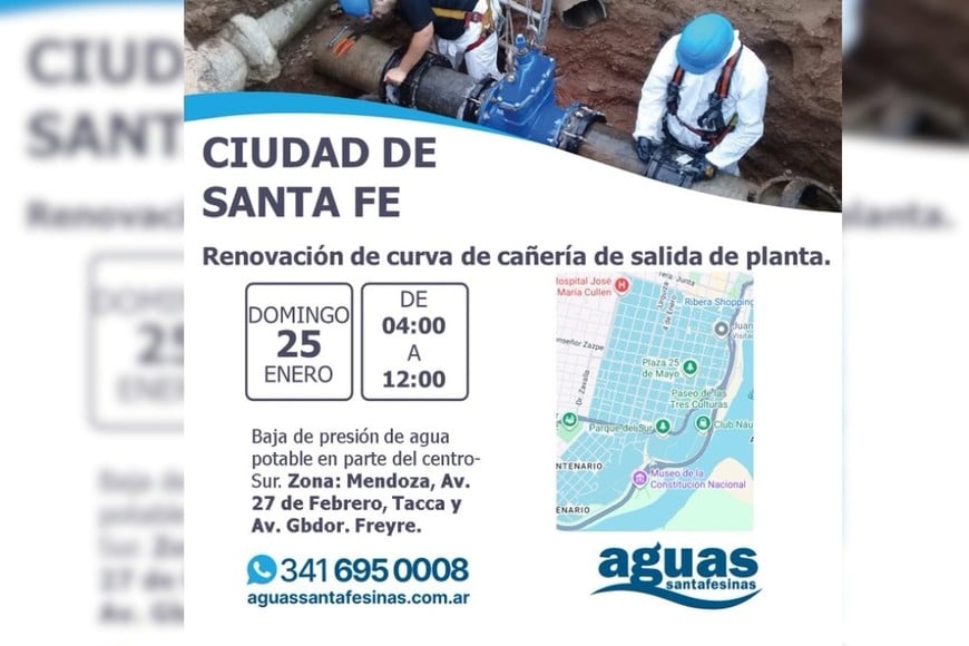Habrá baja presión de agua este domingo en Santa Fe.