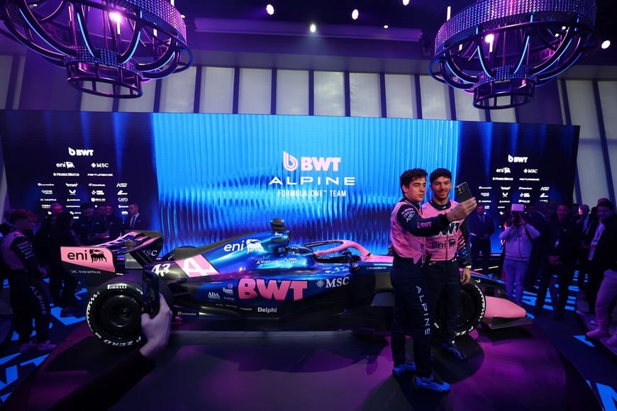Formula One F1 - Alpine F1 Car Presentation - Barcelona, Spain - January 23, 2026
Drivers Pierre Gasly and Franco Colapinto take a selfie with the new Alpine F1 car during the presentation REUTERS/Albert Gea