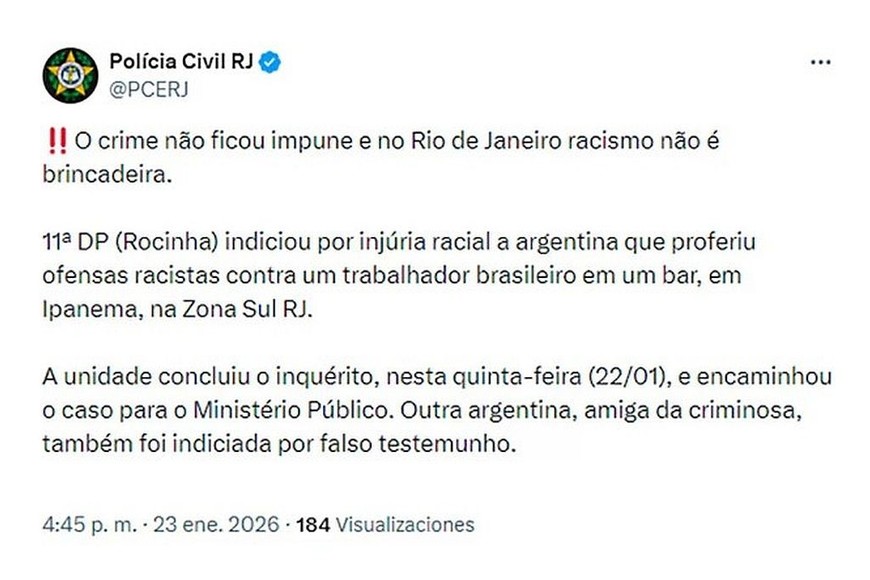 El tuit de la Policía de Río de Janeiro.