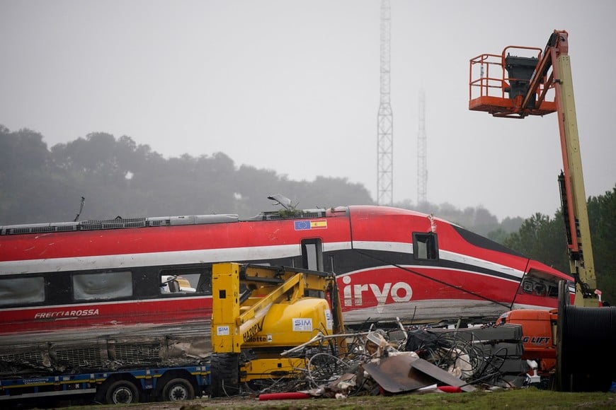 A train carriage after it was removed from the tracks, following a deadly derailment of two high-speed trains near Adamuz, in Cordoba, Spain, January 21, 2026. REUTERS/Ana Beltran