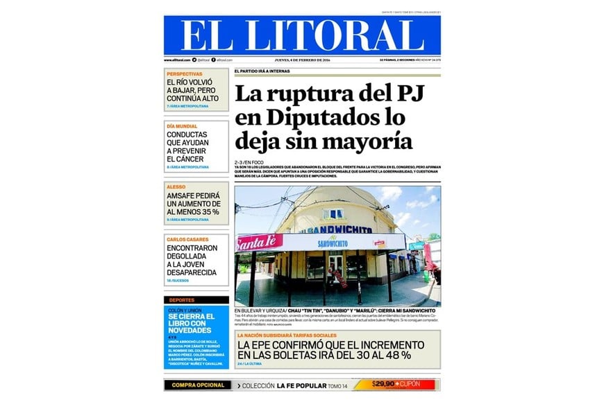 La tapa de El Litoral, de febrero de 2016.