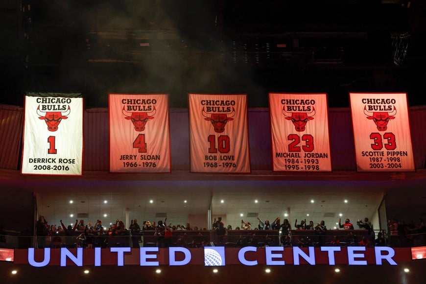 Jan 24, 2026; Chicago, Illinois, USA; The jersey of former Chicago Bulls player Derrick Rose is unveiled during his retirement ceremony at United Center. Mandatory Credit: Kamil Krzaczynski-Imagn Images