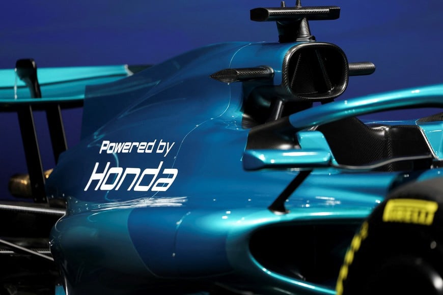 "Powered by Honda" is written on a mock F1 race car during a joint press conference with Aston Martin Aramco Formula One Team Executive Chairman Lawrence Stroll, Formula One Group President and F1 CEO Stefano Domenicali and Honda CEO Toshihiro Mibe on their partnership launch announcement in Tokyo, Japan, January 20, 2026.   REUTERS/Issei Kato
