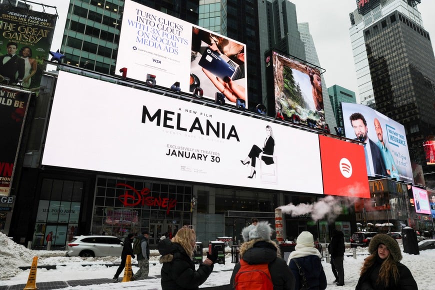 A movie poster for the documentary "Melania" featuring U.S. first lady Melania Trump is displayed in New York, U.S., January 26, 2026. REUTERS/Jeenah Moon
