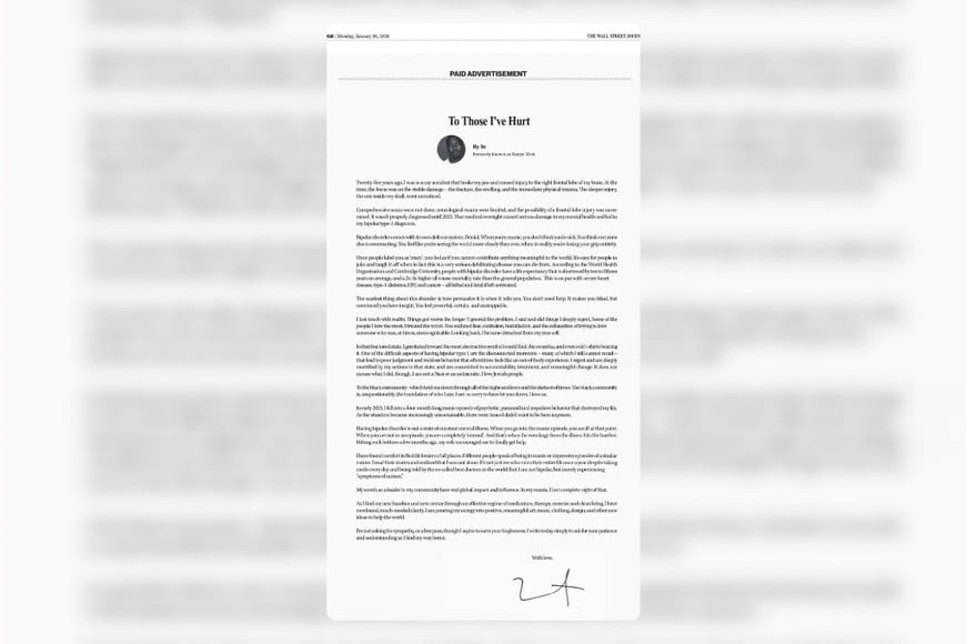 Ye publicó una carta de disculpas como aviso pago en el Wall Street Journal.