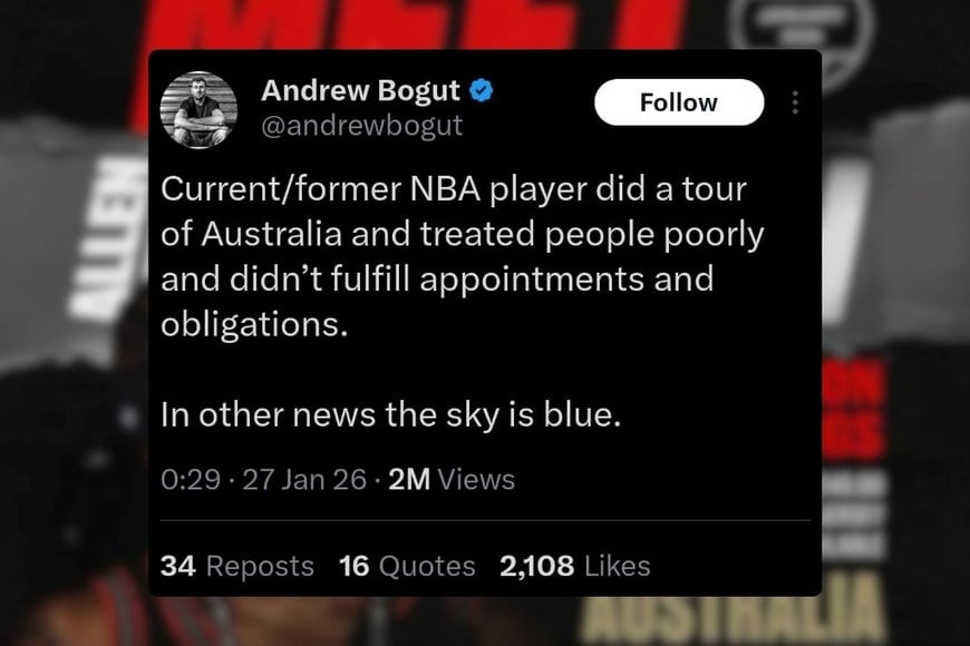 Andrew Bogut ironizó en X por compromisos incumplidos durante la visita del ex MVP.