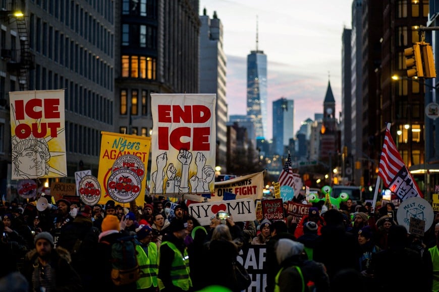 FILE PHOTO: People take part in a protest in solidarity with Minneapolis and against U.S. President Donald Trump and U.S. Immigration and Customs Enforcement (ICE), in New York City, U.S., January 23, 2026. REUTERS/Eduardo Munoz/File Photo
