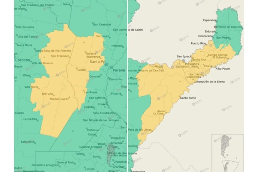 Las zonas bajo alerta amarilla por tormentas.