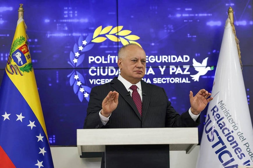 Venezuela's Interior Minister Diosdado Cabello speaks at a press conference after Venezuelan authorities seized 6,850 kilograms of marijuana and cocaine, in Caracas, Venezuela January 13, 2026. Venezuela's Interior and Justice Ministry/Handout via REUTERS ATTENTION EDITORS - THIS IMAGE HAS BEEN SUPPLIED BY A THIRD PARTY. NO RESALES. NO ARCHIVES