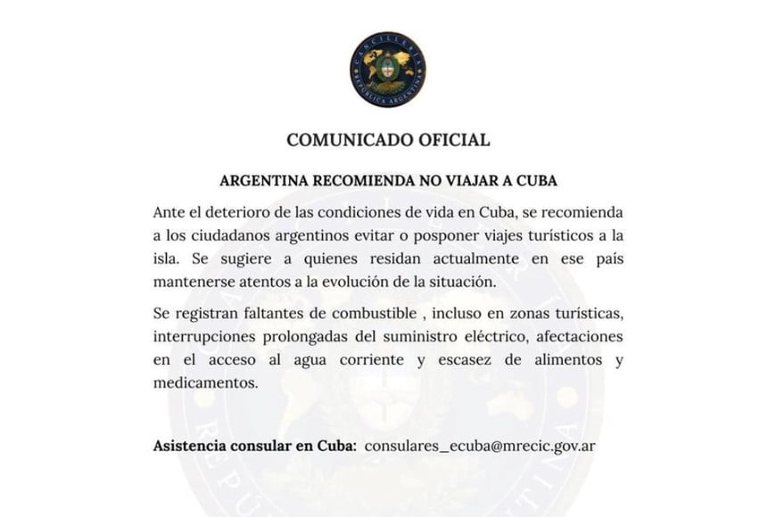 El mensaje de Cancillería Argentina sobre Cuba este viernes.