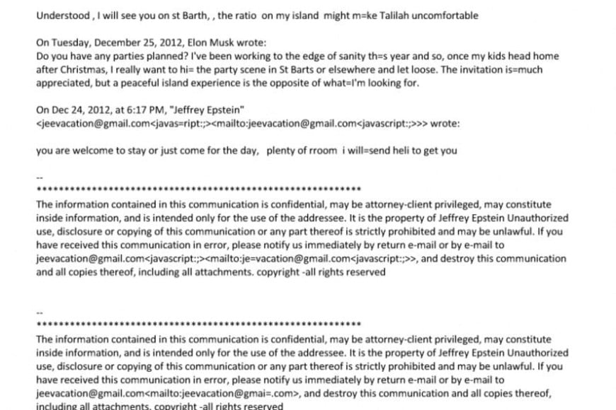 An email exchange with Elon Musk is shown in this image released by the Department of Justice in Washington, D.C., U.S., on January 30, 2026, as part of a new trove of documents from its investigations into the late financier and convicted sex offender Jeffrey Epstein. U.S. Justice Department/Handout via REUTERS THIS IMAGE HAS BEEN SUPPLIED BY A THIRD PARTY. REDACTED AREA FROM SOURCE.