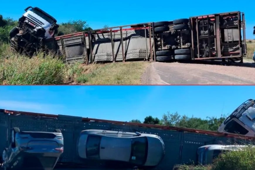 Un camión que trasladaba diez autos nuevos volcó