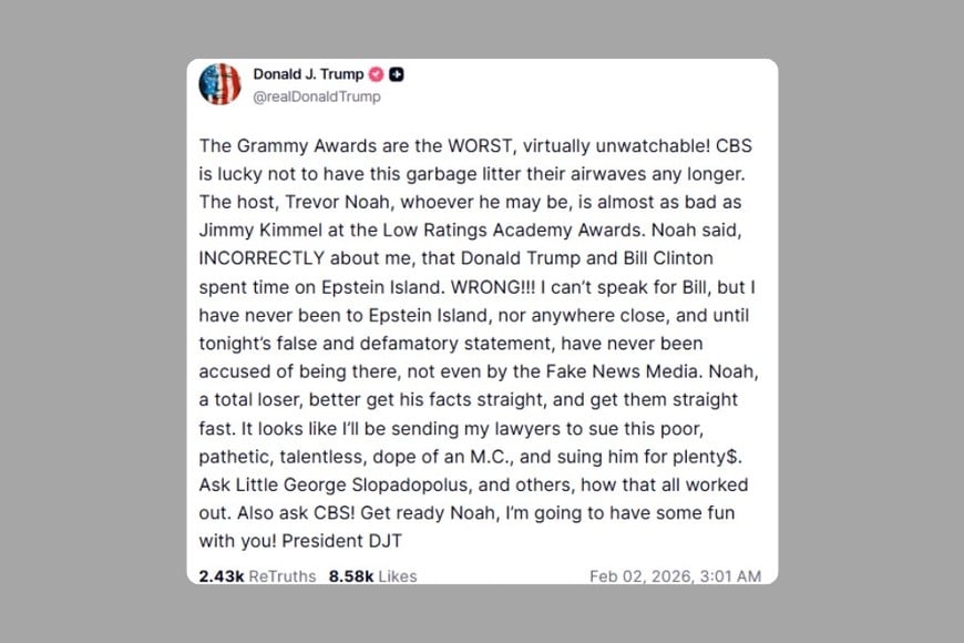 El comentario de Trump en Truth Social.