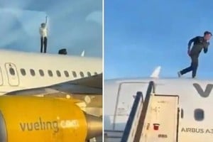 Dos horas de tensión en la pista: lo redujeron tras subirse al techo del avión.