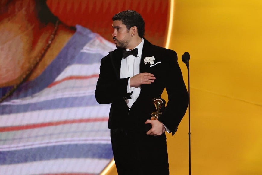 Bad Bunny accepts the award for Album of the Year for "Debi Tirar Mas Fotos" during the 68th Annual Grammy Awards in Los Angeles, California, U.S., February 1, 2026. REUTERS/Daniel Cole