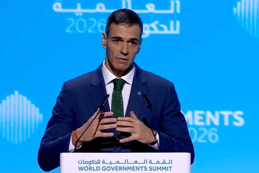 Spain’s Prime Minister Pedro Sanchez delivers a speech at the World Governments Summit, in Dubai, United Arab Emirates, in this still image taken from a video, February 3, 2026. World Governments Summit Handout via REUTERS ATTENTION EDITORS - THIS IMAGE HAS BEEN SUPPLIED BY A THIRD PARTY. NO RESALES. NO ARCHIVES