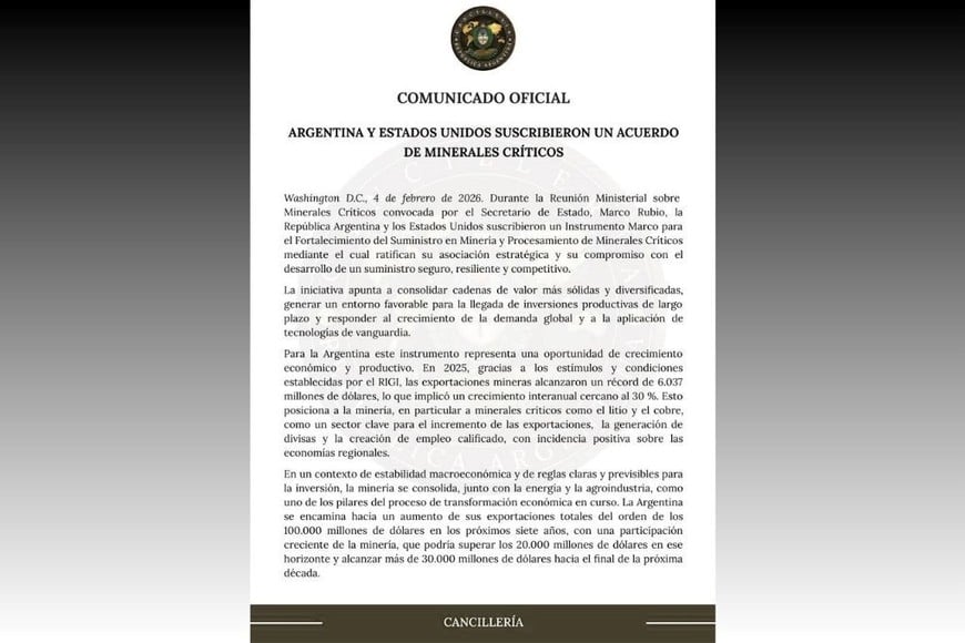 Argentina y Estados Unidos firmaron el acuerdo durante la Reunión Ministerial sobre Minerales Críticos en Washington.