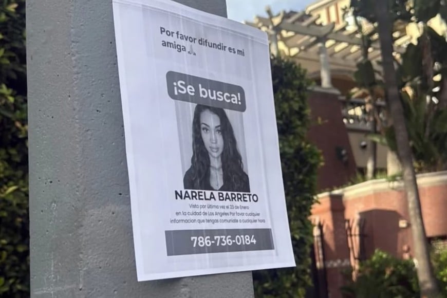 Afiche difundido durante la búsqueda de Narela Barreto en California.