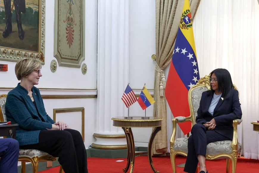 Venezuela's interim president Delcy Rodriguez meets with U.S. envoy Laura Dogu as the two countries gradually resume bilateral relations broken in 2019, at Miraflores Palace, in Caracas, Venezuela, February 2, 2026. Miraflores Palace/Handout via REUTERS    THIS IMAGE HAS BEEN SUPPLIED BY A THIRD PARTY