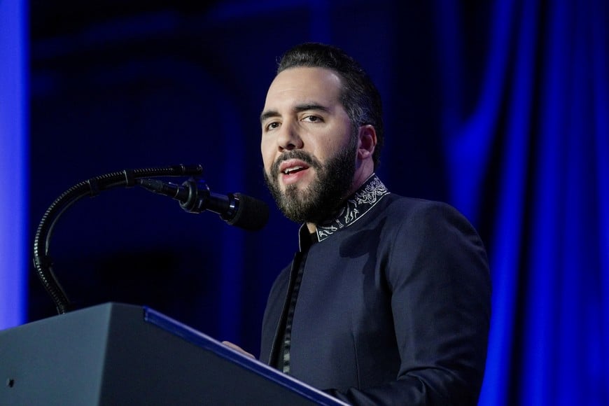 El Salvador's President Nayib Bukele speaks during the National Prayer Breakfast in Washington, D.C., U.S., February 5, 2026. REUTERS/Al Drago