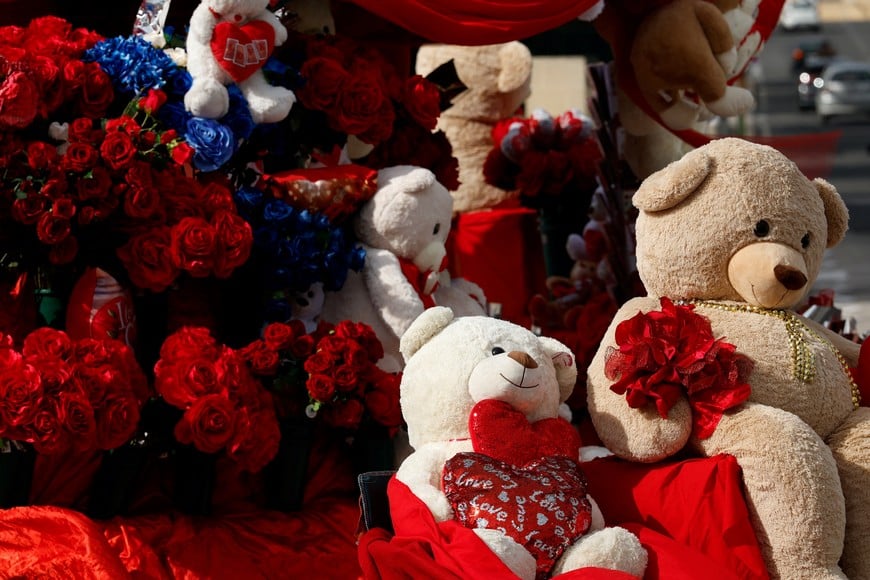 Soft toys and roses are seen at a roadside's vendor's stall ahead of Valentine's Day in San Gwann, Malta, February 13, 2025.   REUTERS/Darrin Zammit Lupi