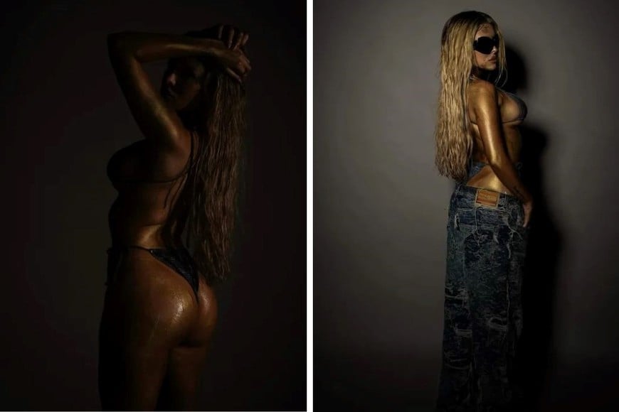 Pintura dorada de pies a cabeza, accesorios a tono y una producción pensada para no pasar desapercibida.