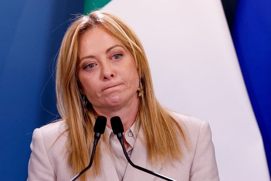 Italian Prime Minister Giorgia Meloni attends a joint statement with German Chancellor Friedrich Merz (not pictured) at the end of Italian-German government consultations at Villa Doria Pamphili in Rome, Italy, January 23, 2026. REUTERS/Remo Casilli
     TPX IMAGES OF THE DAY