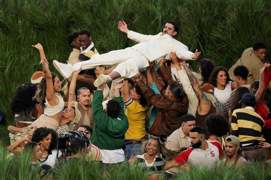 Super Bowl LX - Half-Time Show - New England Patriots v Seattle Seahawks - Levi's Stadium, Santa Clara, California, United States - February 8, 2026
Bad Bunny performs during the halftime show REUTERS/Carlos Barria