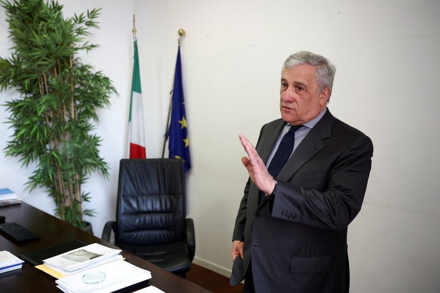 Italian Foreign Minister Antonio Tajani gestures as he speaks after an interview with Reuters in Rome, Italy, April 15, 2024. REUTERS/Guglielmo Mangiapane