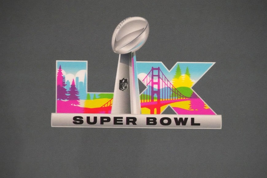 Feb 3, 2026; San Jose, CA, USA; The Super Bowl LX logo at press conference at the San Jose Convention Center. Mandatory Credit: Kirby Lee-Imagn Images