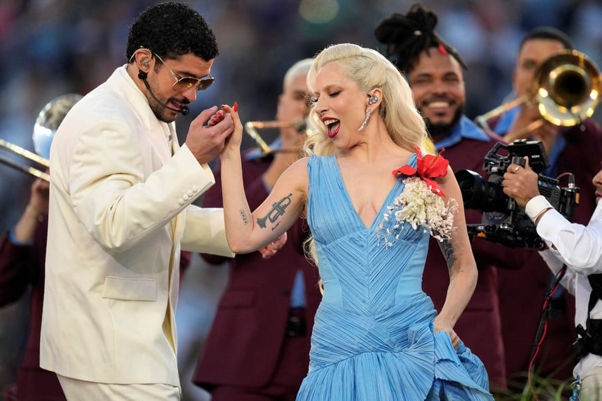 Feb 8, 2026; Santa Clara, CA, USA; Lady Gaga and Bad Bunny perform during the halftime show in Super Bowl LX between the Seattle Seahawks and the New England Patriots at Levi's Stadium. Mandatory Credit: Kyle Terada-Imagn Images