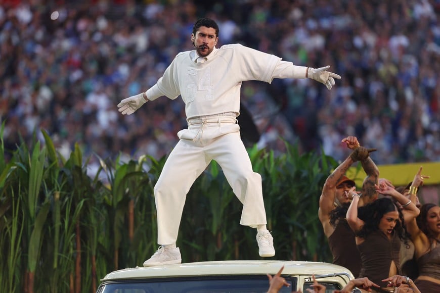 Feb 8, 2026; Santa Clara, CA, USA; Bad Bunny performs the halftime show in Super Bowl LX between the Seattle Seahawks and the New England Patriots at Levi's Stadium. Mandatory Credit: Mark J. Rebilas-Imagn Images