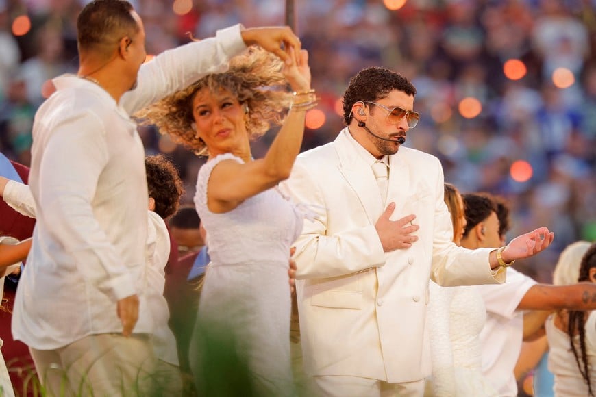 Super Bowl LX - Half-Time Show - New England Patriots v Seattle Seahawks - Levi's Stadium, Santa Clara, California, United States - February 8, 2026
Bad Bunny performs during the halftime show REUTERS/Mike Blake