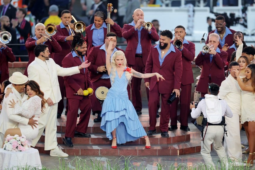 Super Bowl LX - Half-Time Show - New England Patriots v Seattle Seahawks - Levi's Stadium, Santa Clara, California, United States - February 8, 2026
Bad Bunny and Lady Gaga perform during the halftime show REUTERS/Carlos Barria