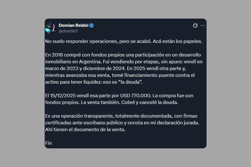 La publicación de Reidel en X.