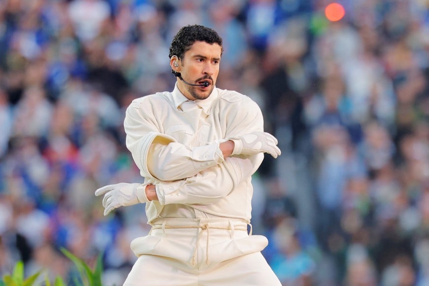 Super Bowl LX - Half-Time Show - New England Patriots v Seattle Seahawks - Levi's Stadium, Santa Clara, California, United States - February 8, 2026
Bad Bunny performs during the halftime show REUTERS/Mike Blake