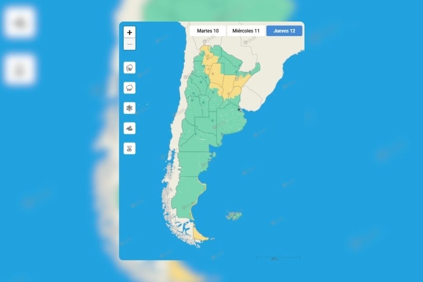 El mapa del SMN ubica a Santa Fe dentro de la zona con alerta amarilla para el jueves 12.