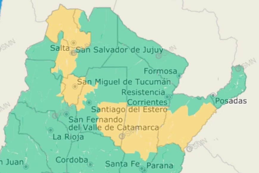 El SMN alertó por fenómenos intensos en seis provincias y zonas cordilleranas.