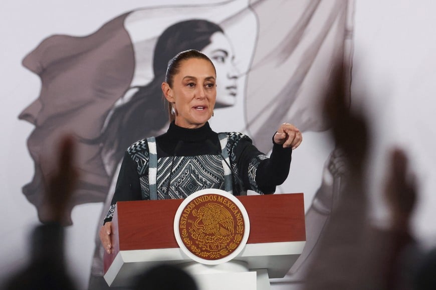Mexican President Claudia Sheinbaum gestures during a press conference at the National Palace in Mexico City, Mexico January 27, 2026. REUTERS/Henry Romero