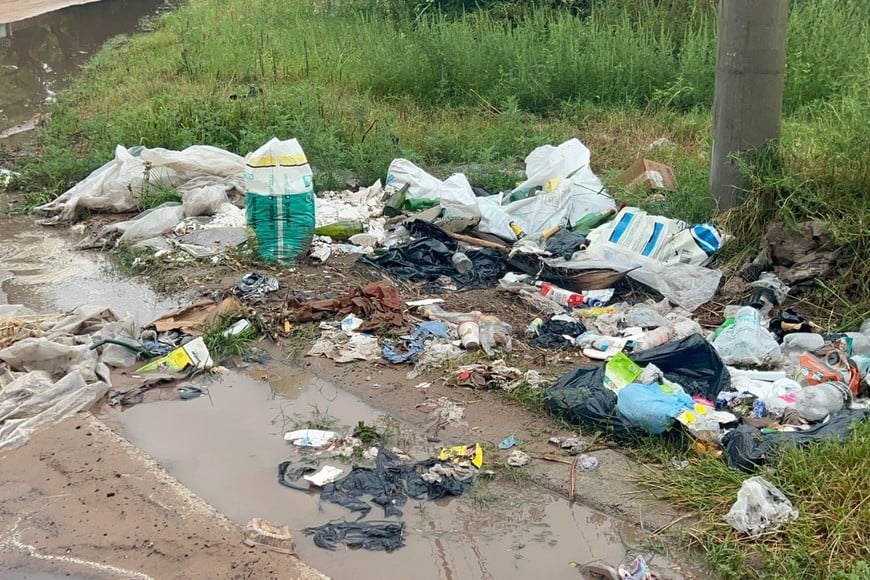 Basura, ramas y residuos arrastrados por el agua bloquean el drenaje y agravan la situación en el barrio.