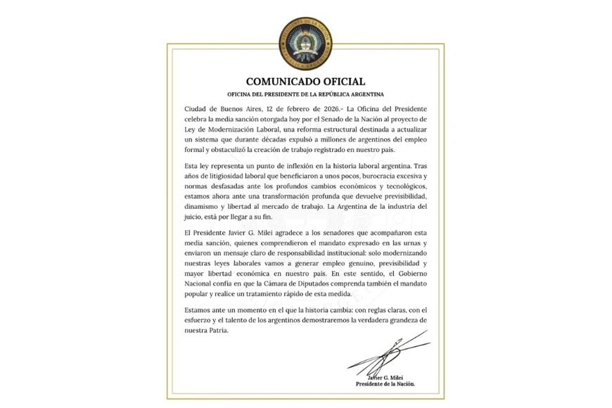 Comunicado de la Oficina del Presidente vía X.