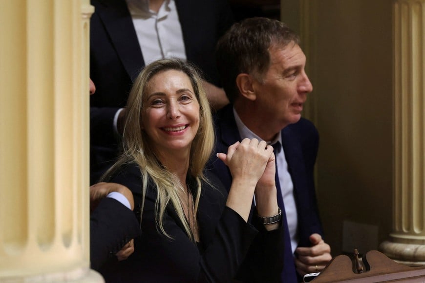 Karina Milei reacts at a Senate session to discuss labor reforms proposed by Argentina's President Javier Milei's libertarian government to attract investment and revive growth, as unions say it would roll back workers' rights, in Buenos Aires, Argentina February 12, 2026. REUTERS/Cristina Sille