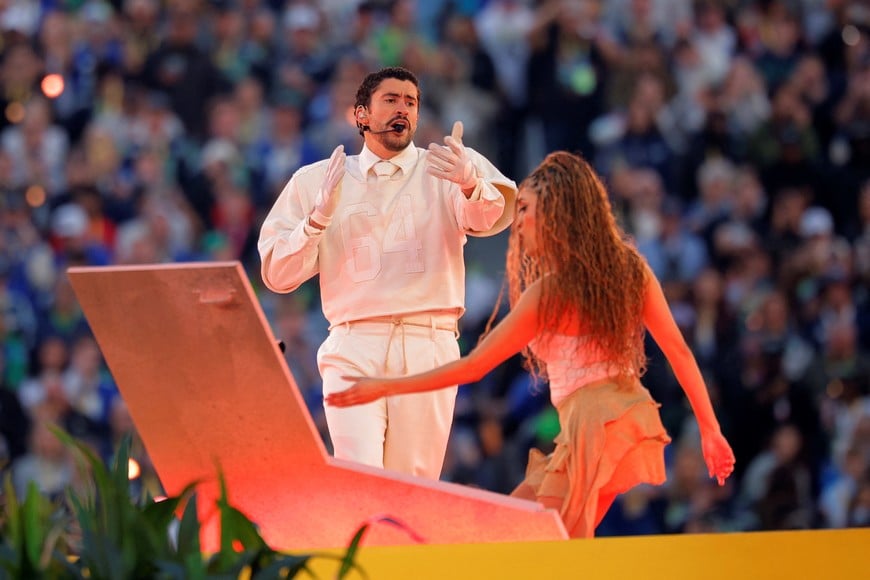 Super Bowl LX - Half-Time Show - New England Patriots v Seattle Seahawks - Levi's Stadium, Santa Clara, California, United States - February 8, 2026
Bad Bunny performs during the halftime show REUTERS/Mike Blake