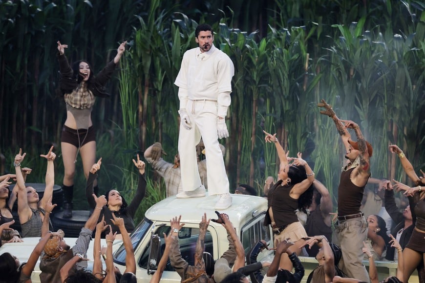 Super Bowl LX - Half-Time Show - New England Patriots v Seattle Seahawks - Levi's Stadium, Santa Clara, California, United States - February 8, 2026
Bad Bunny performs during the halftime show REUTERS/Jeenah Moon