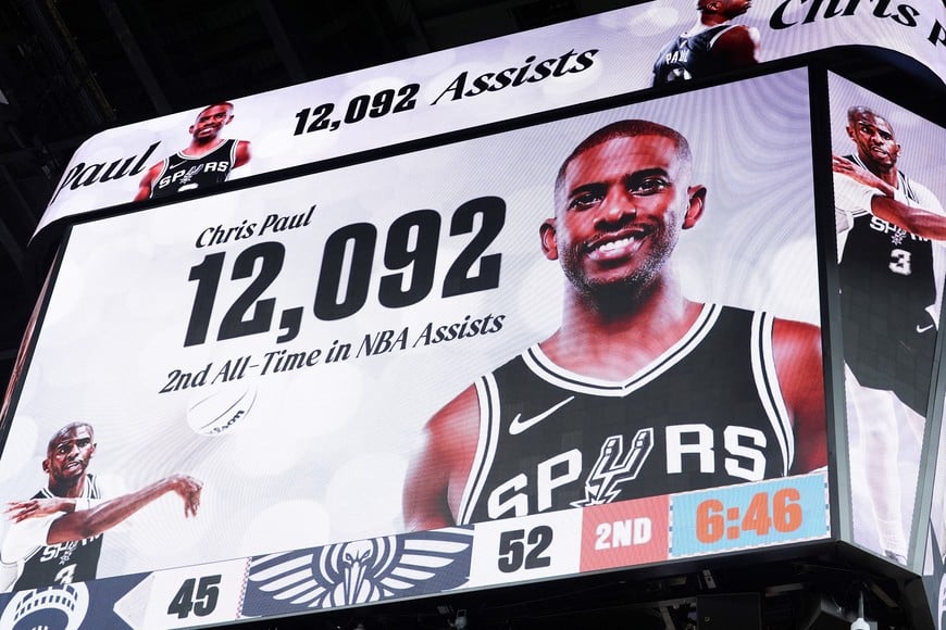 Dec 8, 2024; San Antonio, Texas, USA;  San Antonio Spurs guard Chris Paul (3) moves into second place on the all-time assist leaders list in the first half against the New Orleans Pelicans at Frost Bank Center. Mandatory Credit: Daniel Dunn-Imagn Images
