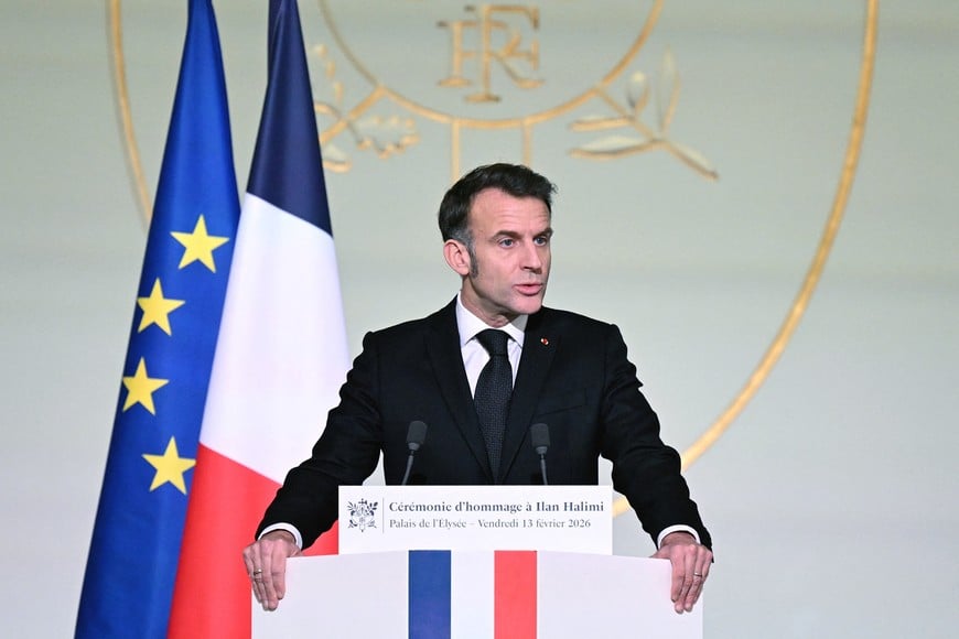 France's President Emmanuel Macron delivers a speech during a ceremony commemorating the 20th anniversary of the murder of Ilan Halimi, a 23-year-old French Jew who was tortured and murdered in 2006, at The Elysee Presidential Palace in Paris, France, February 13, 2026.     BERTRAND GUAY/Pool via REUTERS