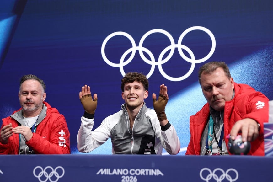 Milano Cortina 2026 Olympics - Figure Skating - Men Single Skating - Free Skating - Milano Ice Skating Arena, Milan, Italy - February 13, 2026.
Lukas Britschgi of Switzerland reacts after his performance during the Free Skating REUTERS/Yara Nardi
