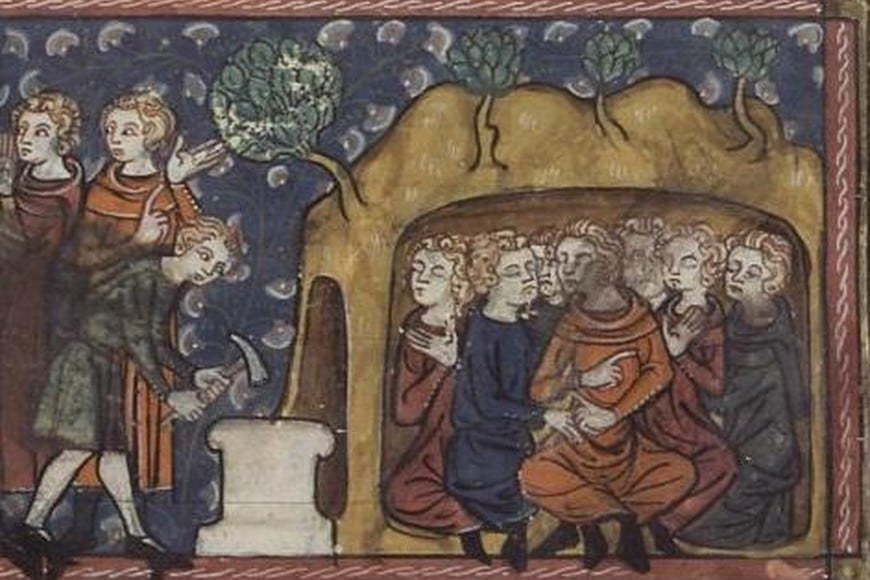 Representación de Los Siete Durmientes de Éfeso, según una ilustración hallada en manuscrito del siglo XIV.